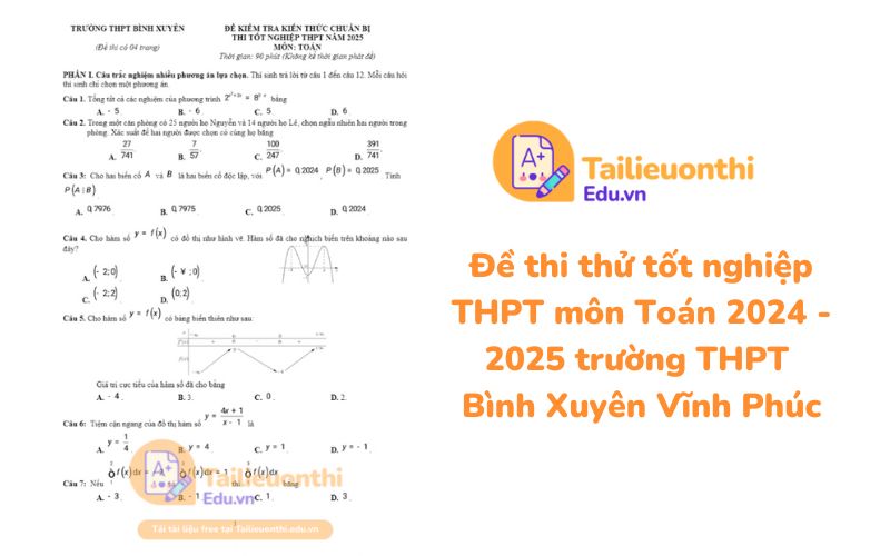 Đề thi thử tốt nghiệp THPT môn Toán 2024 - 2025 trường THPT Bình Xuyên Vĩnh Phúc